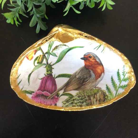 Decoupage Shell Art Home Decor Ring Dish Trinket Dish Bird Botanical Coastal NJ - Picture 1 of 11